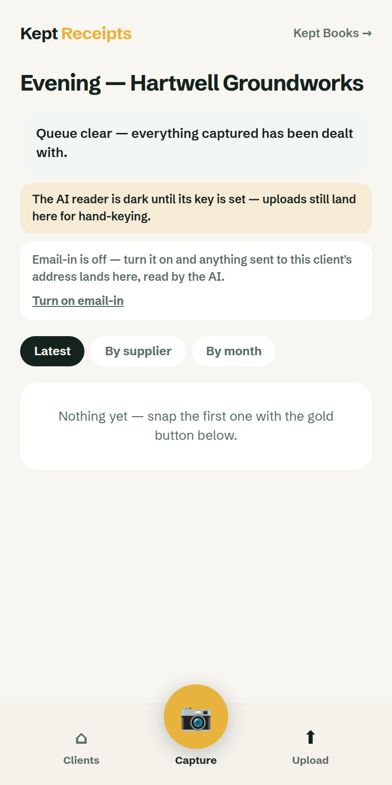 Kept Receipts on a phone: the inbox grouped by supplier, capture in the bottom bar